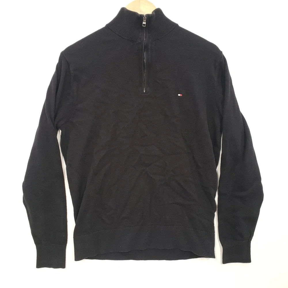 Tommy Hilfiger Quarter Zip Sweater Large Black Pima Cotton‎ Cashmere Pullover